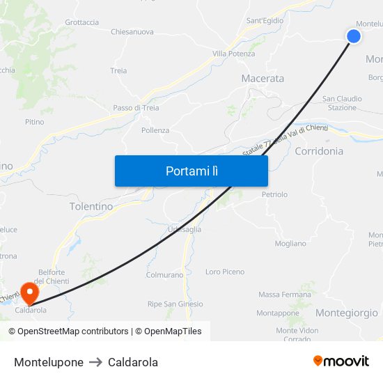 Montelupone to Caldarola map