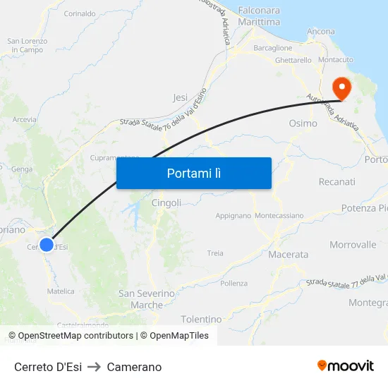 Cerreto D'Esi to Camerano map