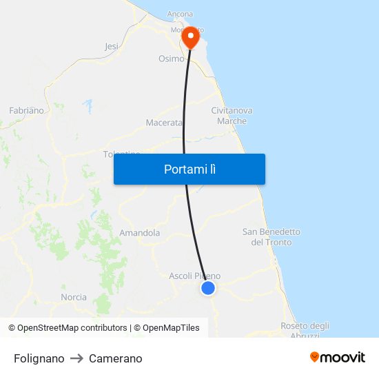 Folignano to Camerano map