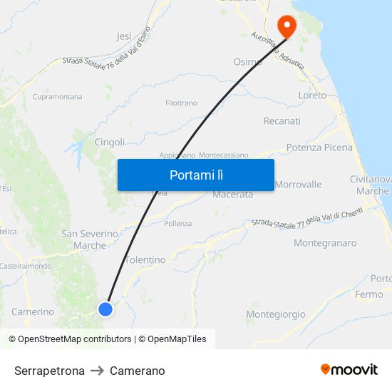 Serrapetrona to Camerano map