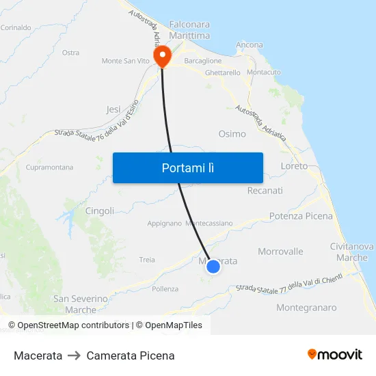 Macerata to Camerata Picena map
