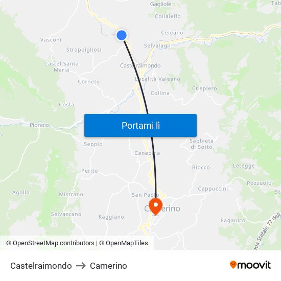 Castelraimondo to Camerino map