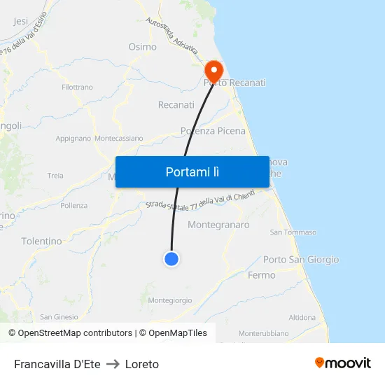 Francavilla D'Ete to Loreto map