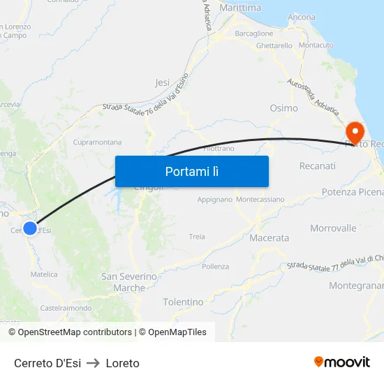 Cerreto D'Esi to Loreto map