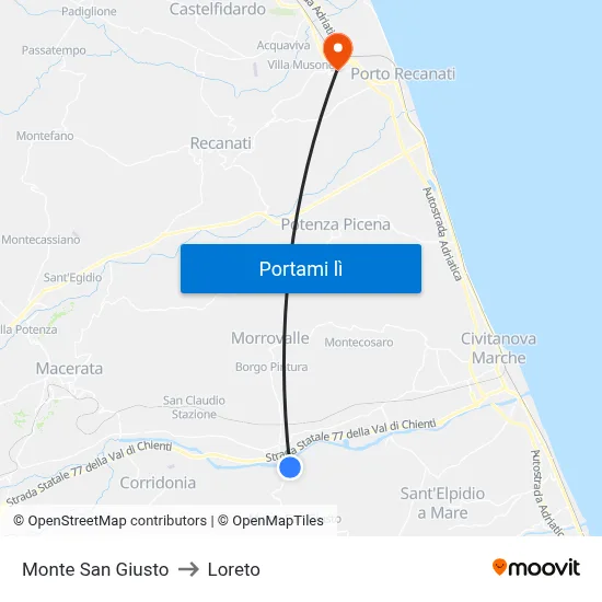 Monte San Giusto to Loreto map