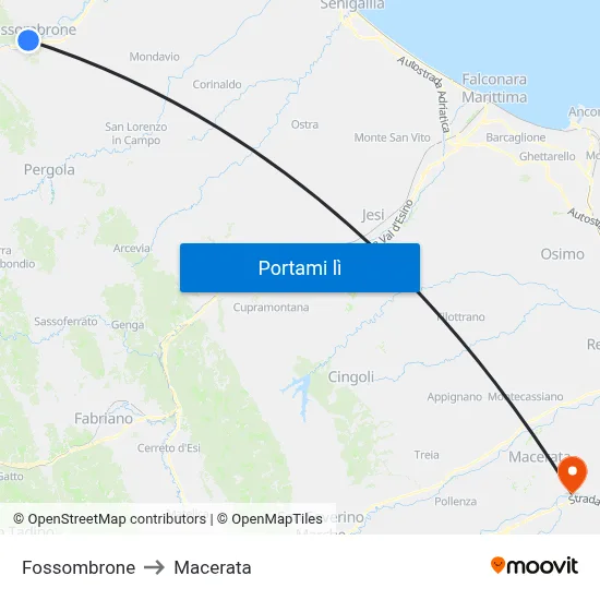 Fossombrone to Macerata map