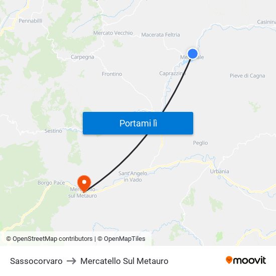 Sassocorvaro to Mercatello Sul Metauro map