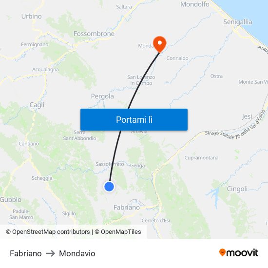 Fabriano to Mondavio map