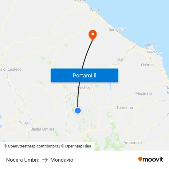 Nocera Umbra to Mondavio map