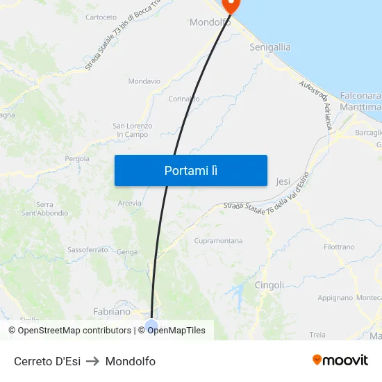 Cerreto D'Esi to Mondolfo map