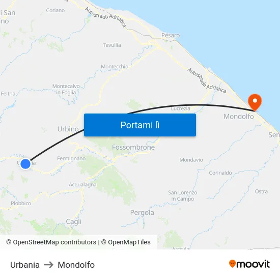 Urbania to Mondolfo map