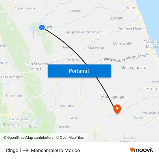 Cingoli to Monsampietro Morico map