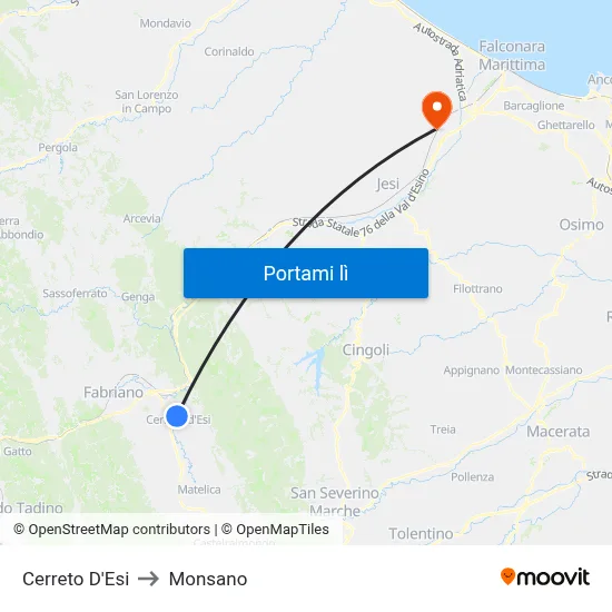 Cerreto D'Esi to Monsano map