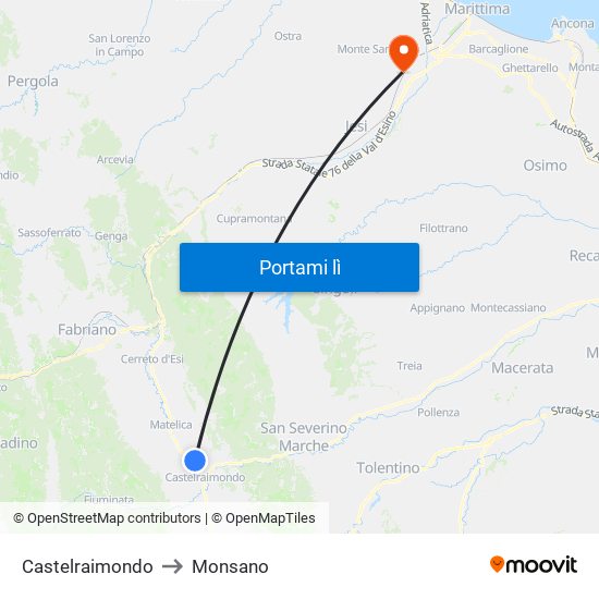 Castelraimondo to Monsano map