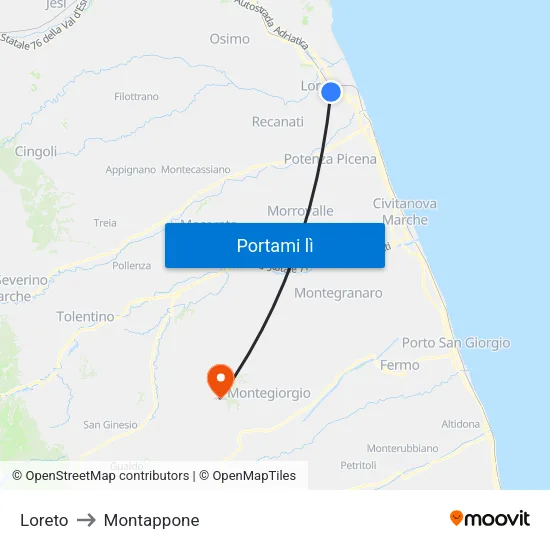 Loreto to Montappone map