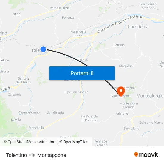 Tolentino to Montappone map