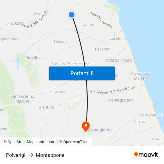 Polverigi to Montappone map