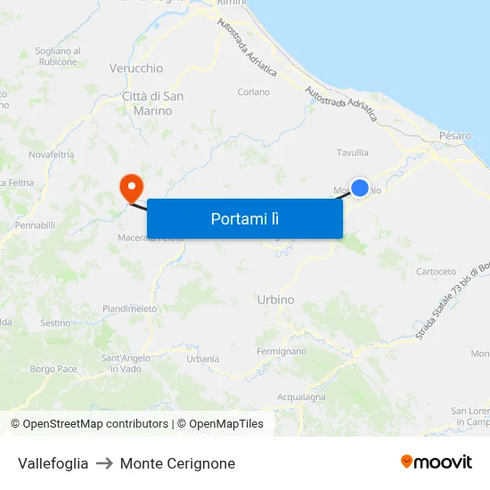Vallefoglia to Monte Cerignone map