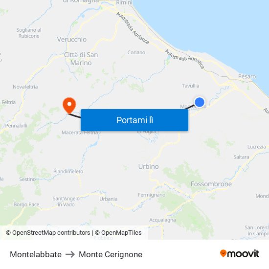 Montelabbate to Monte Cerignone map