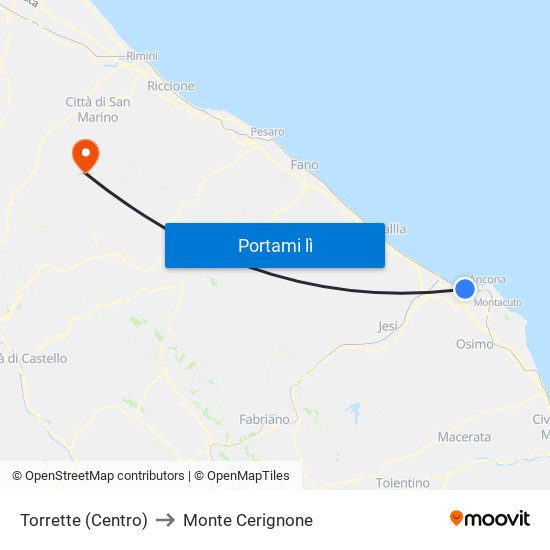 Torrette (Centro) to Monte Cerignone map
