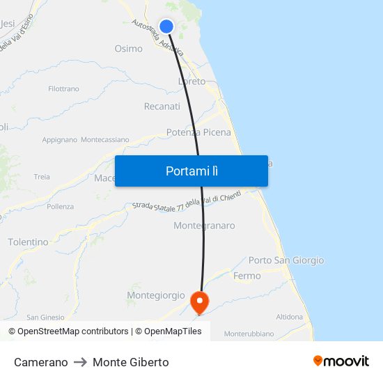 Camerano to Monte Giberto map