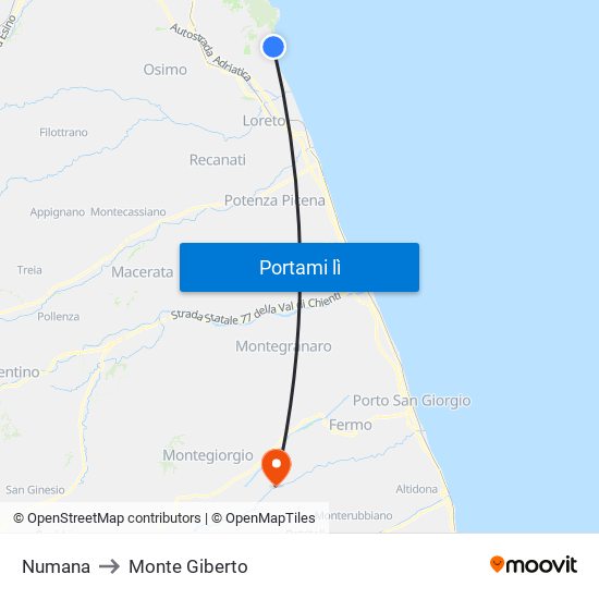 Numana to Monte Giberto map