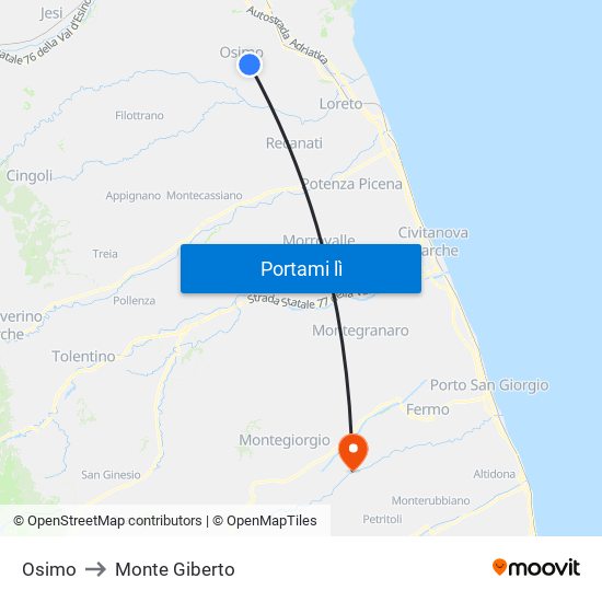 Osimo to Monte Giberto map
