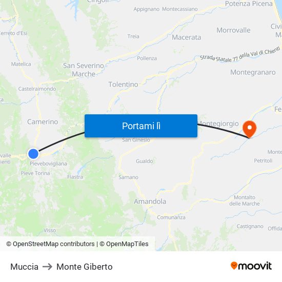 Muccia to Monte Giberto map