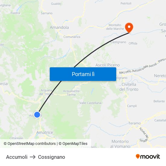 Accumoli to Cossignano map