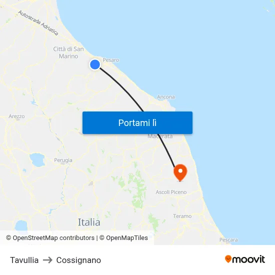 Tavullia to Cossignano map