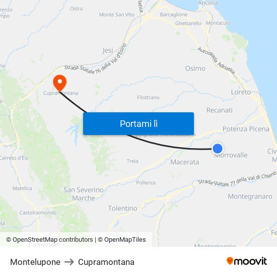 Montelupone to Cupramontana map