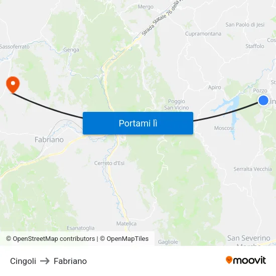 Cingoli to Fabriano map