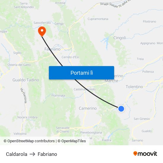 Caldarola to Fabriano map