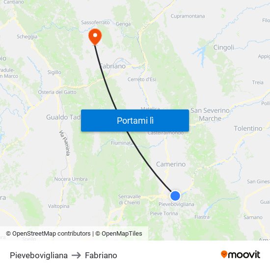 Pievebovigliana to Fabriano map