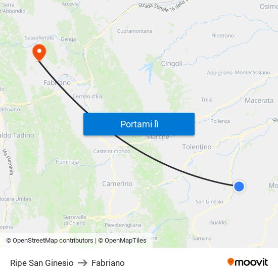 Ripe San Ginesio to Fabriano map
