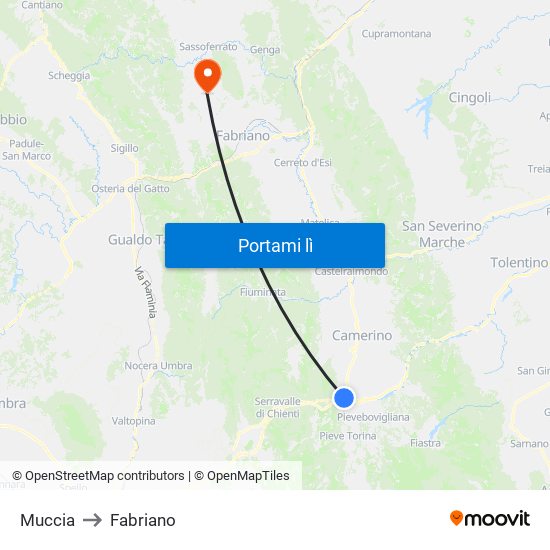 Muccia to Fabriano map