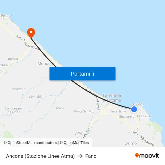 Ancona (Stazione-Linee Atma) to Fano map