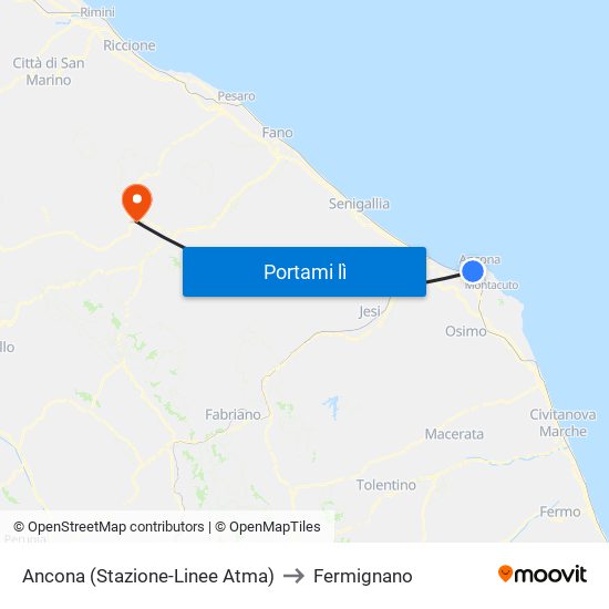 Ancona (Stazione-Linee Atma) to Fermignano map