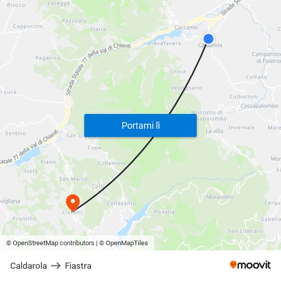 Caldarola to Fiastra map