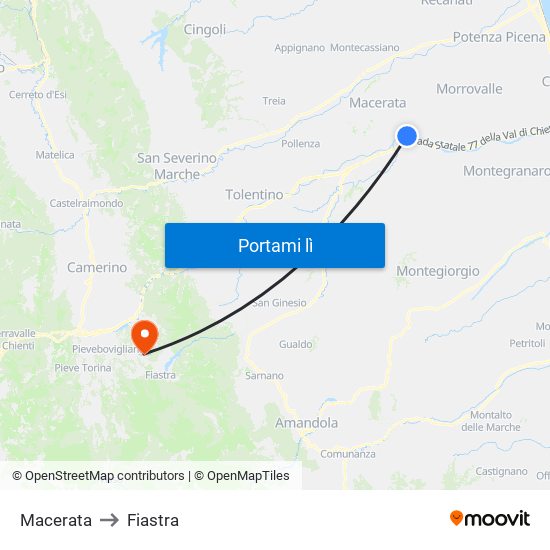 Macerata to Fiastra map