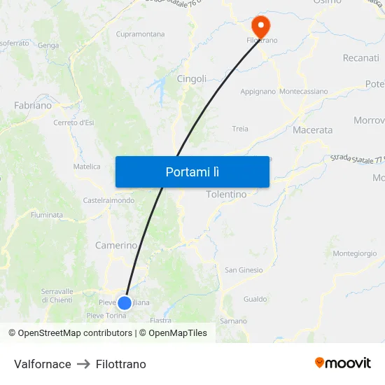 Valfornace to Filottrano map