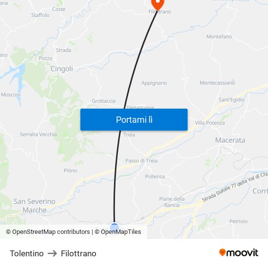 Tolentino to Filottrano map