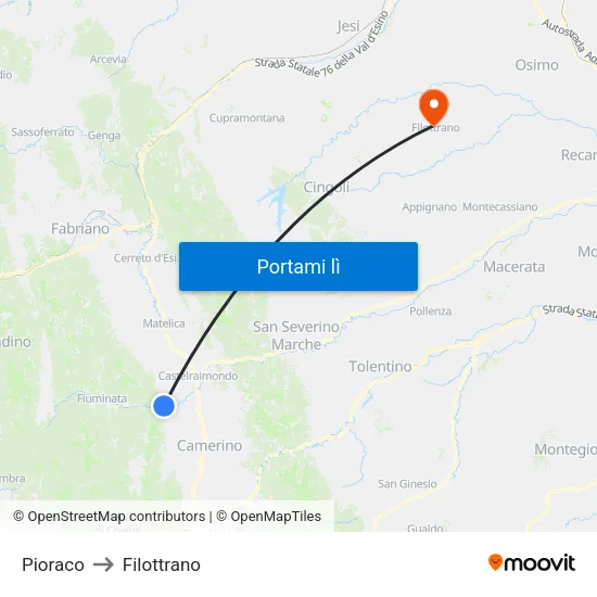 Pioraco to Filottrano map