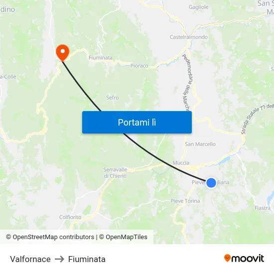 Valfornace to Fiuminata map
