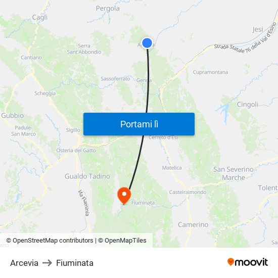 Arcevia to Fiuminata map