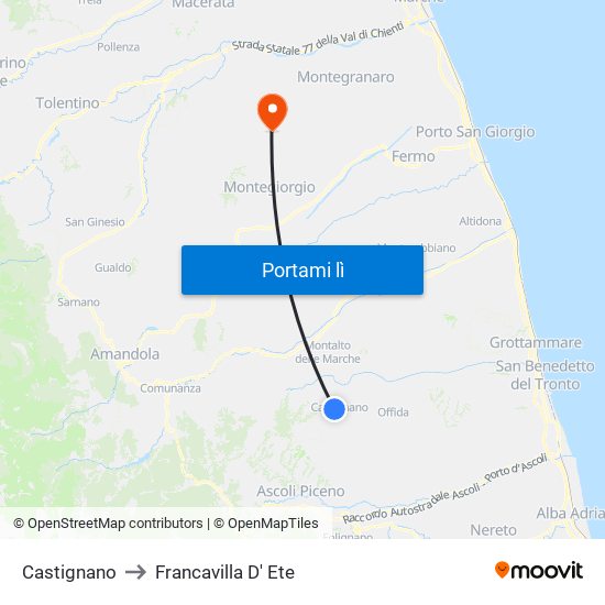 Castignano to Francavilla D' Ete map