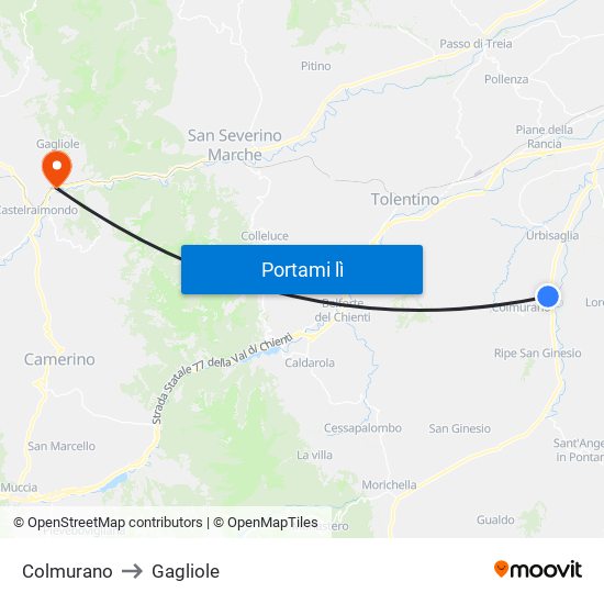 Colmurano to Gagliole map