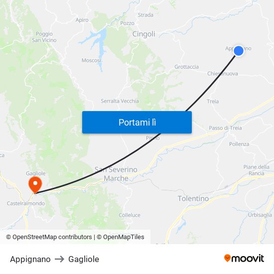 Appignano to Gagliole map