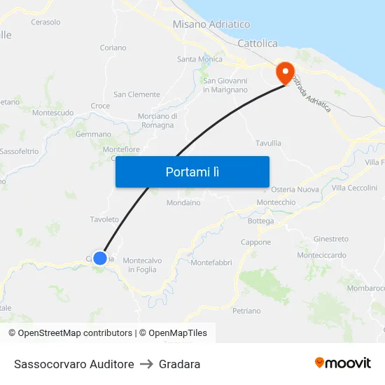 Sassocorvaro Auditore to Gradara map