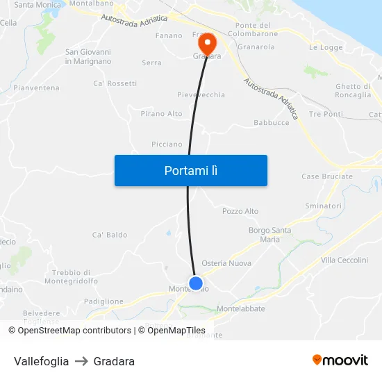 Vallefoglia to Gradara map